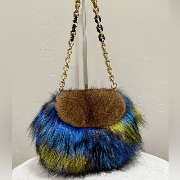 Unique Colorful Real Mink Fur with Finn Raccoon Fur Bag Includes 2 Strap Styles - Picture 1 of 17
